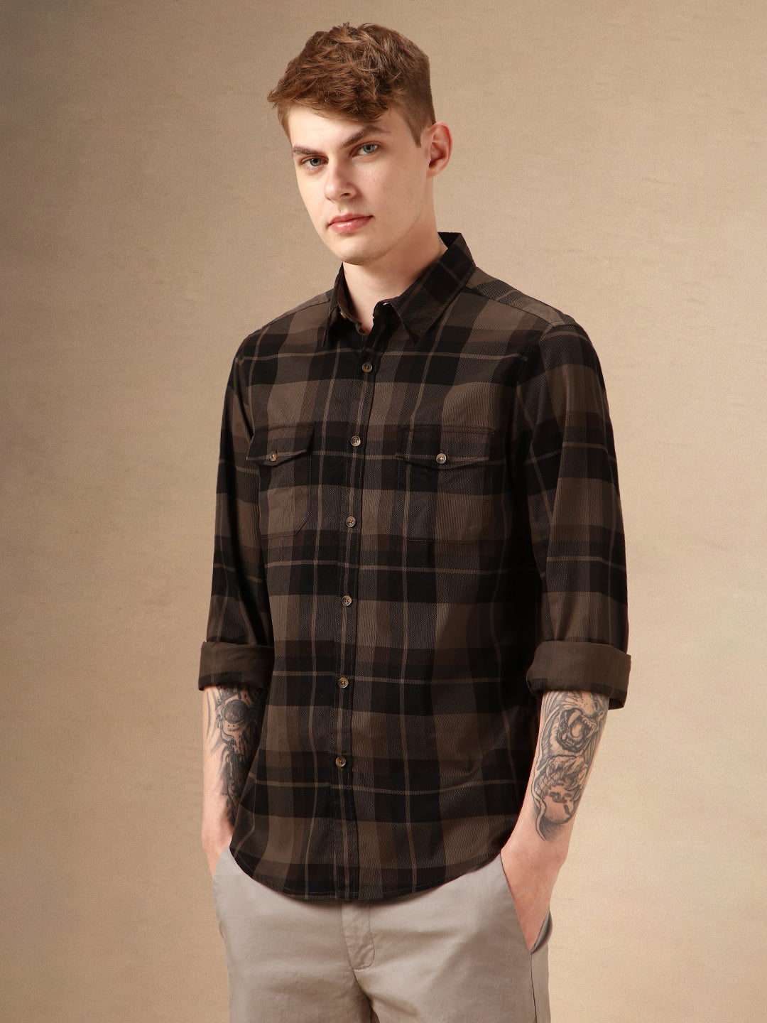 Men's Charcoal Checks Spread Collar Full Sleeves 100% Cotton Casual Shirt