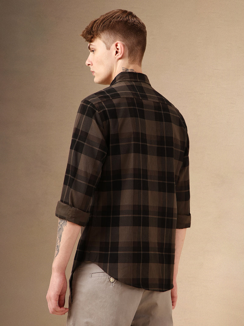 Men's Charcoal Checks Spread Collar Full Sleeves 100% Cotton Casual Shirt