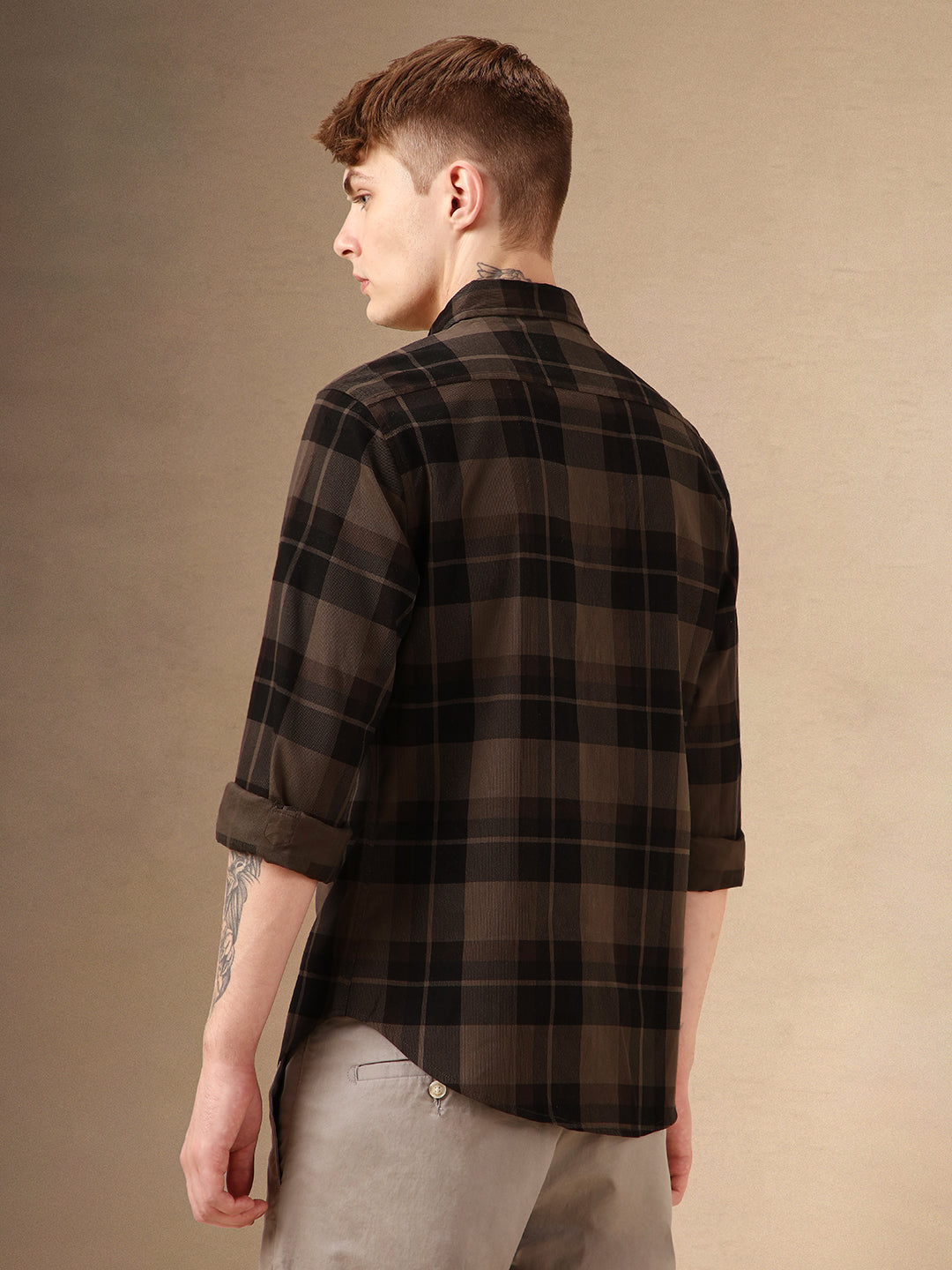 Men's Charcoal Checks Spread Collar Full Sleeves 100% Cotton Casual Shirt