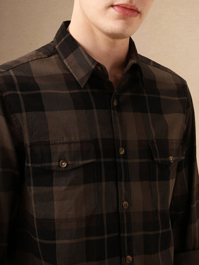 Men's Charcoal Checks Spread Collar Full Sleeves 100% Cotton Casual Shirt