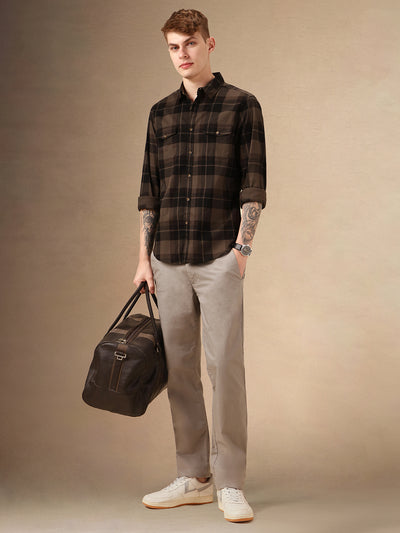 Men's Charcoal Checks Spread Collar Full Sleeves 100% Cotton Casual Shirt