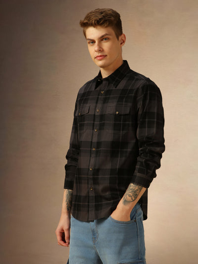 Men's Grey Checks Spread Collar Full Sleeves Shirt
