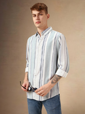 Men's Blue Striped Spread Collar Full Sleeves 100% Cotton Casual Shirt