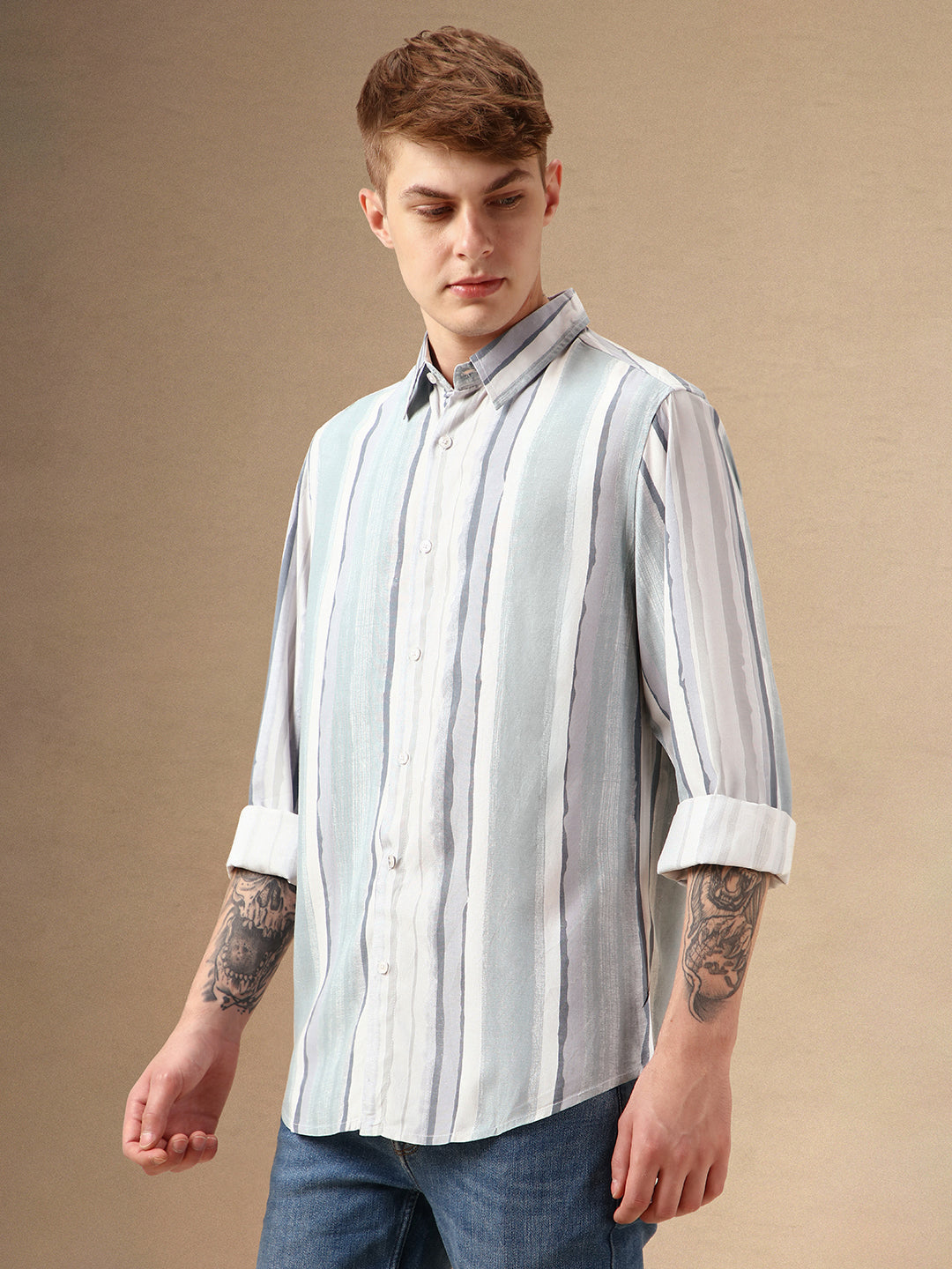 Men's Blue Striped Spread Collar Full Sleeves 100% Cotton Casual Shirt