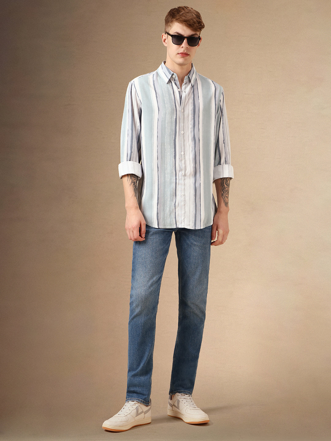 Men's Blue Striped Spread Collar Full Sleeves 100% Cotton Casual Shirt