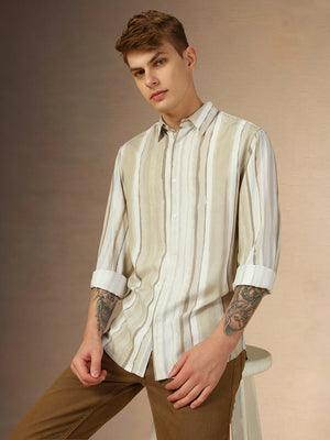 Men's Brown Striped Spread Collar Full Sleeves Relaxed Fit Shirt