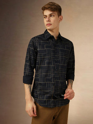 Men's Blue Printed Spread Collar Full Sleeves Regular Fit Shirt