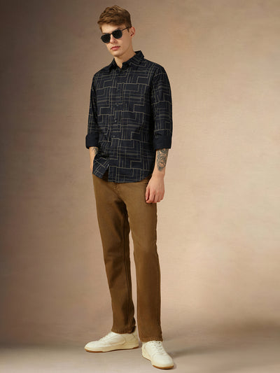 Men's Blue Printed Spread Collar Full Sleeves Regular Fit Shirt