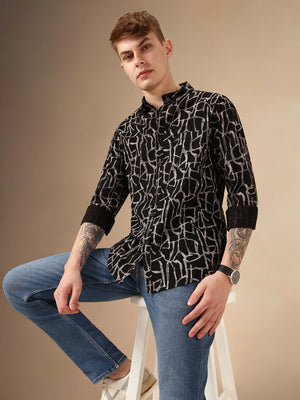 Men's Black Printed Spread Collar Full Sleeves Cotton Casual Shirt