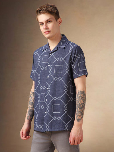 Men's Navy Blue Printed Cuban collar Half Sleeves Shirt