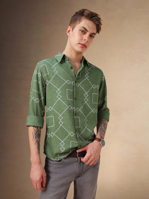 Men's Green Printed Spread Collar Full Sleeves Shirt