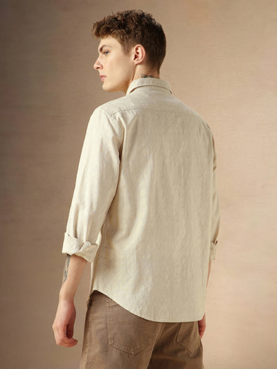 Men's Beige Cotton Spread Collar Full Sleeves Solid Shirt