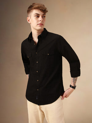 Men's Black Textured Spread Collar Full Sleeves 100% Cotton Casual Shirt