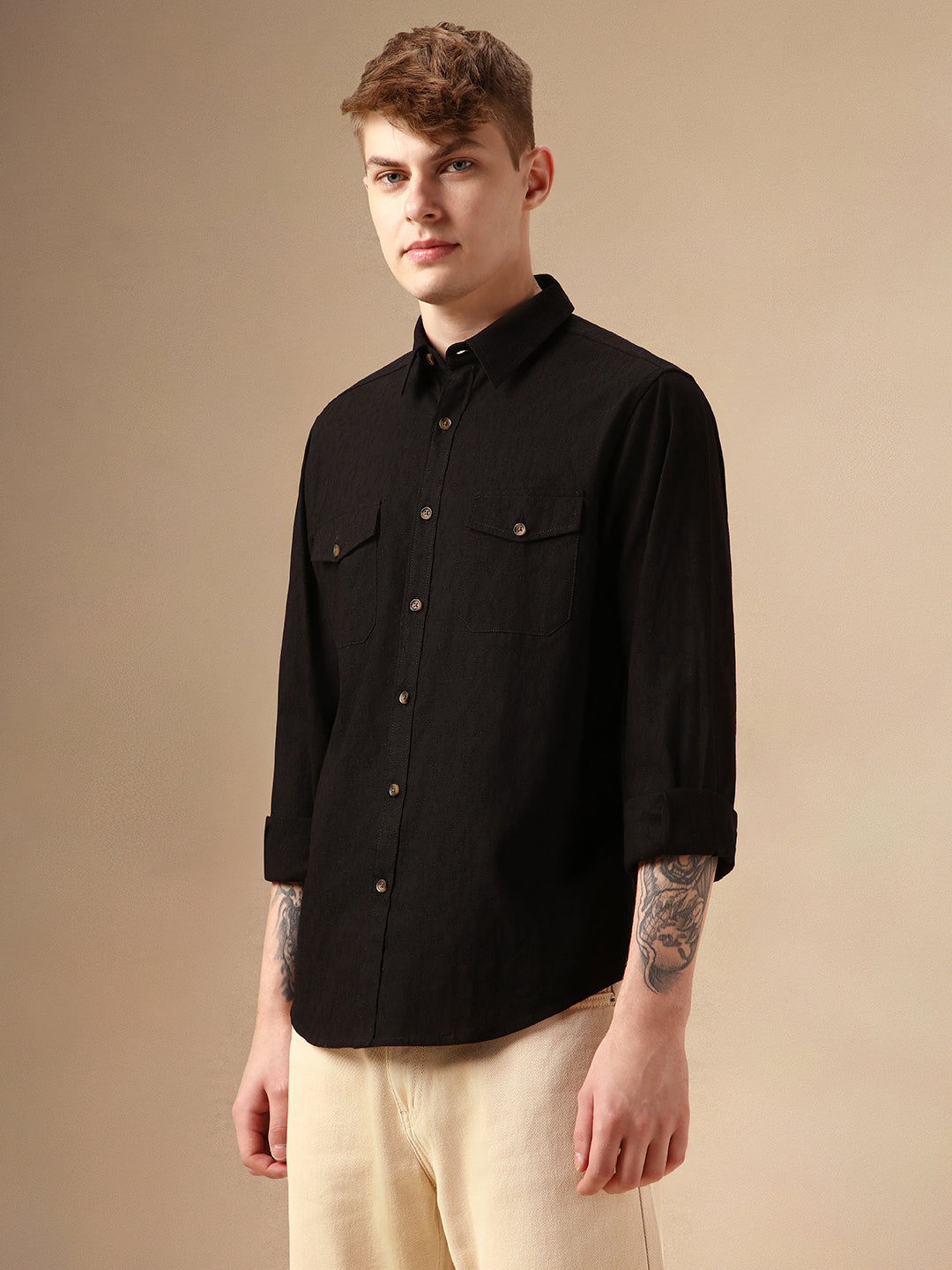 Men's Black Textured Spread Collar Full Sleeves 100% Cotton Casual Shirt