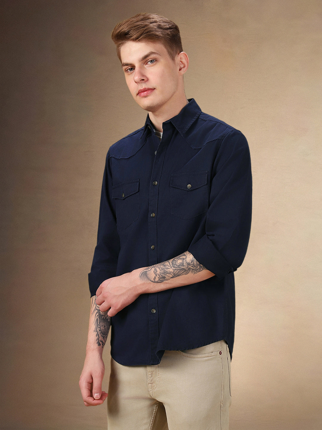 Men's Solid Spread Collar Full Sleeves Relaxed Fit Casual Shirt