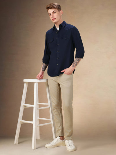 Men's Solid Spread Collar Full Sleeves Relaxed Fit Casual Shirt