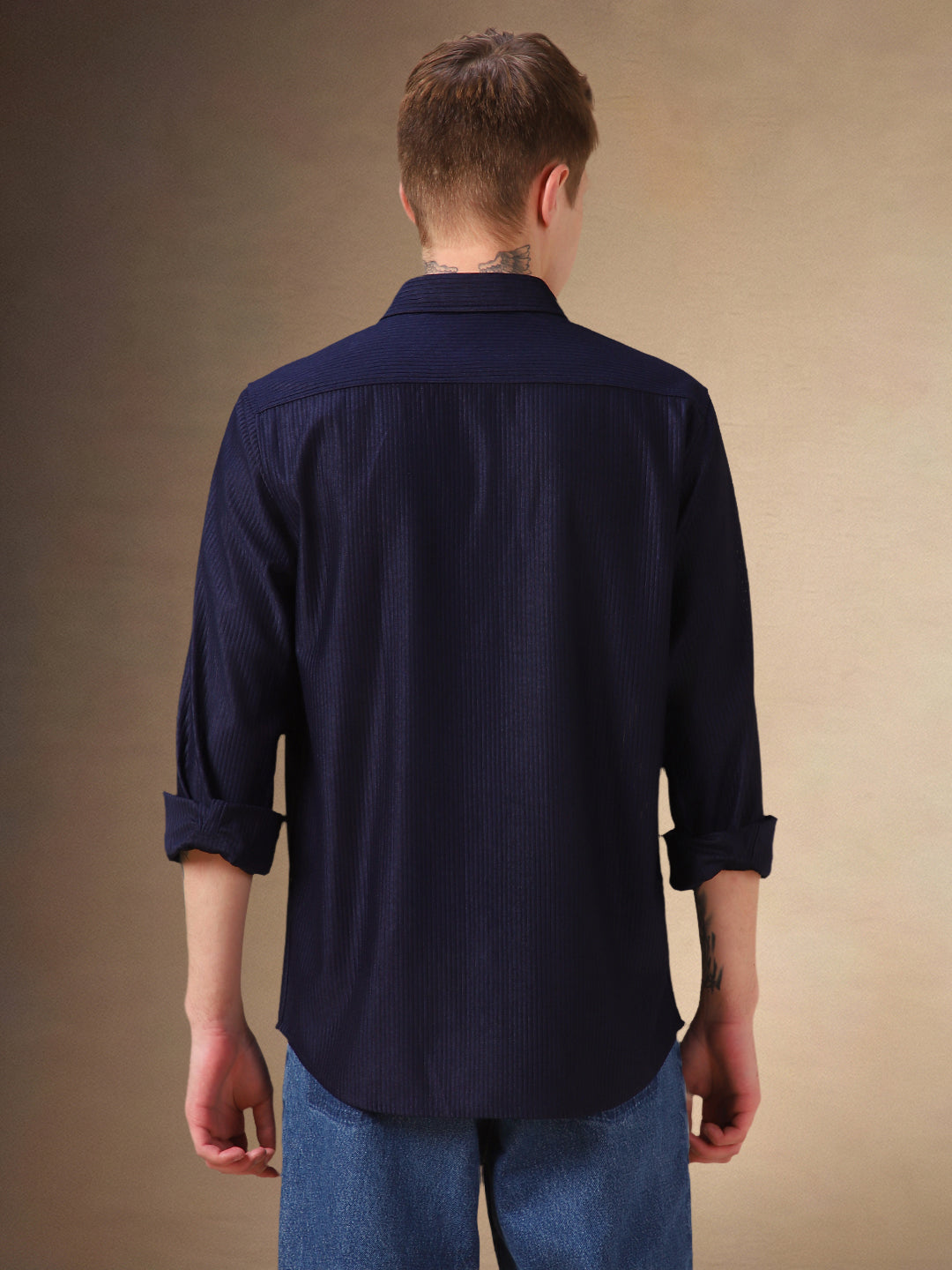 Men's Navy Blue Solid Spread Collar Full Sleeves Corduroy Shirt