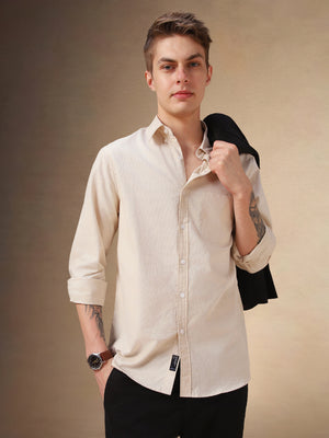 Men's Beige Solid Button Down Collar Full Sleeves Relaxed fit Corduroy Shirt