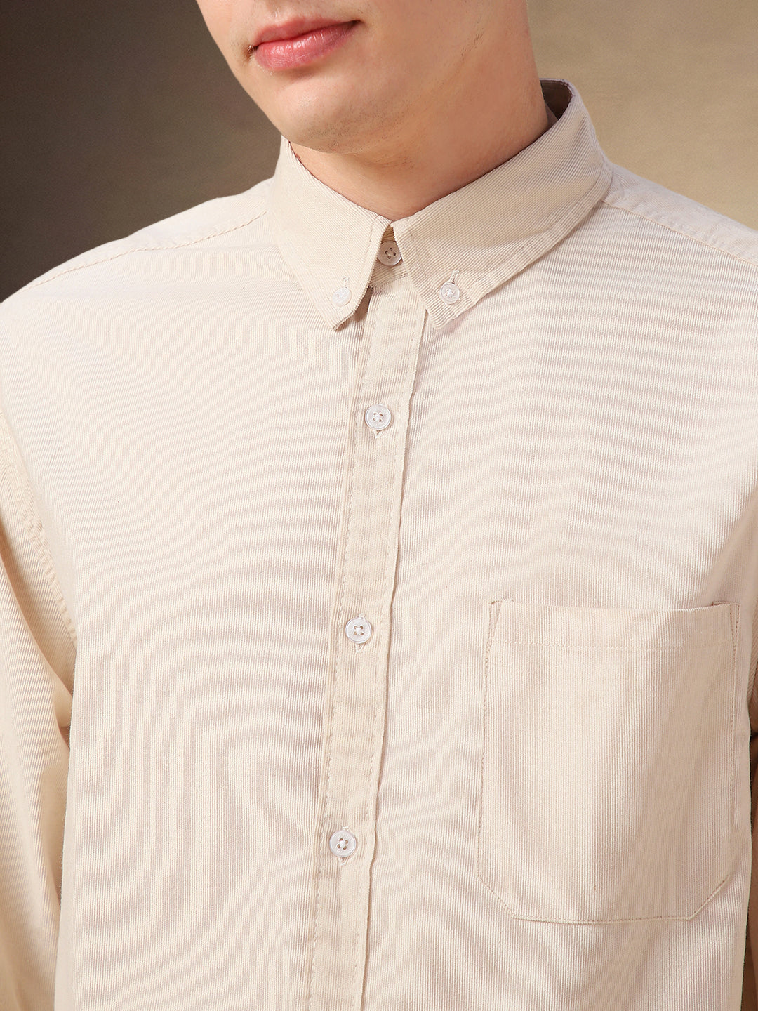 Men's Beige Solid Button Down Collar Full Sleeves Relaxed fit Corduroy Shirt