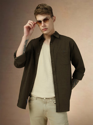 Men's Olive Solid Button Down Collar Full Sleeves Relaxed Fit Corduroy Shirt