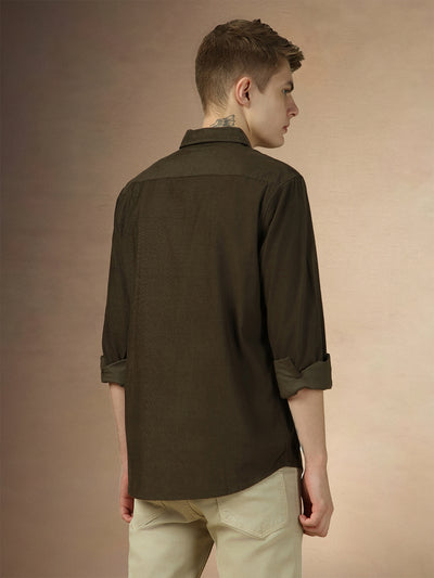 Men's Olive Solid Button Down Collar Full Sleeves Relaxed Fit Corduroy Shirt