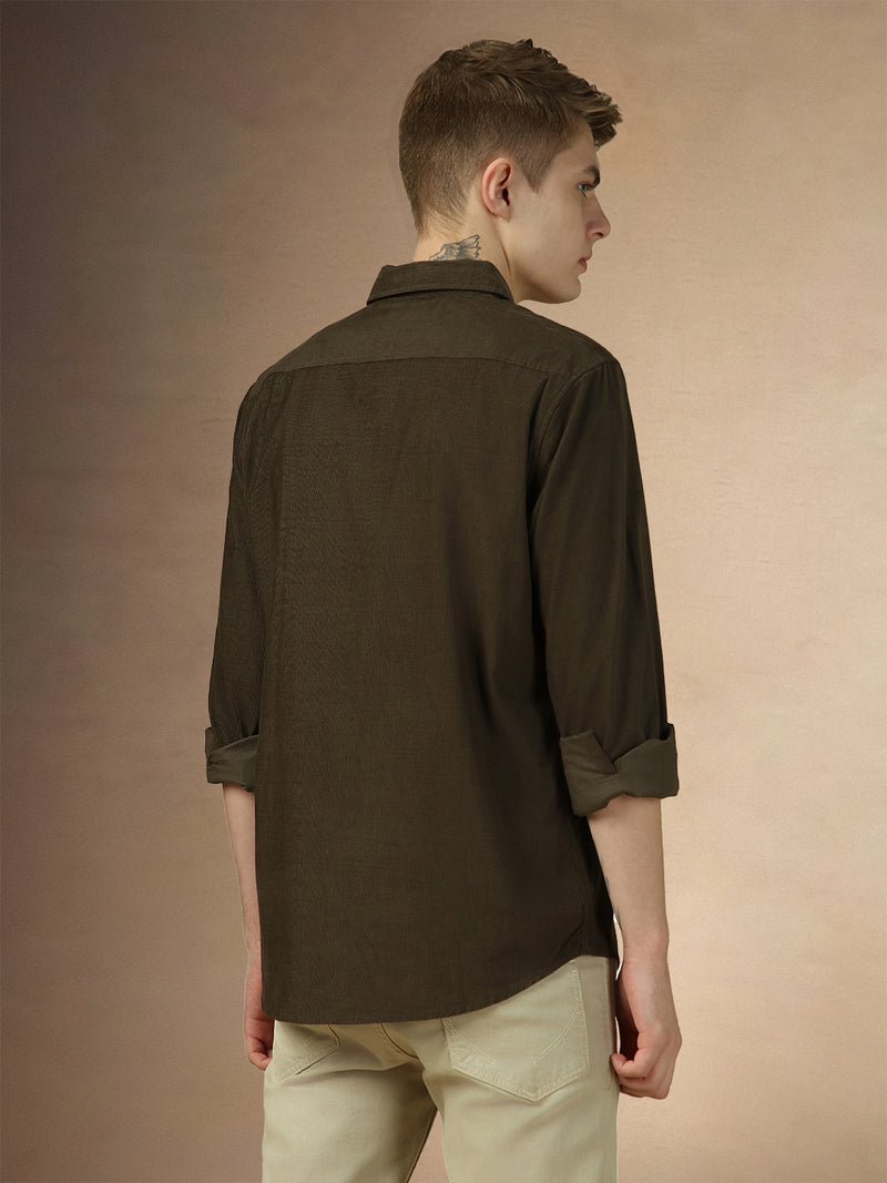 Men's Olive Solid Button Down Collar Full Sleeves Relaxed Fit Corduroy Shirt