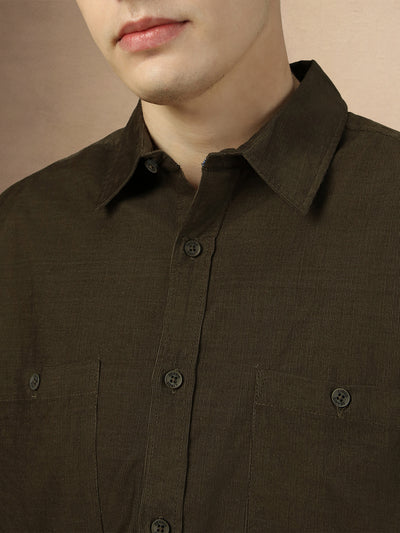 Men's Olive Solid Button Down Collar Full Sleeves Relaxed Fit Corduroy Shirt