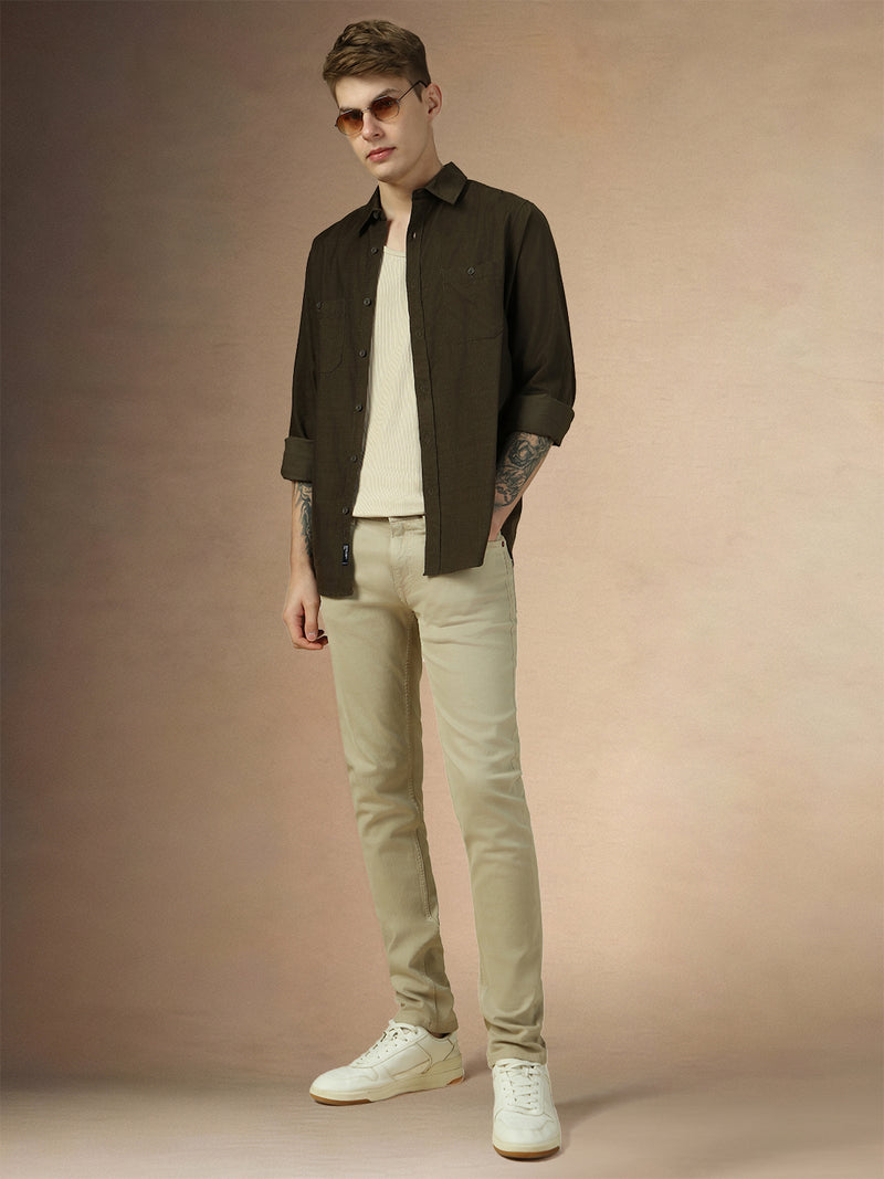 Men's Olive Solid Button Down Collar Full Sleeves Relaxed Fit Corduroy Shirt