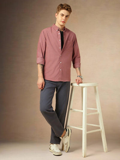 Men's Pink Solid Button Down Collar Full Sleeves Relaxed Fit Corduroy Shirt