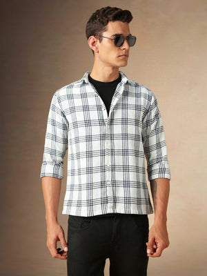 Men's White Checks Spread Collar Full Sleeves Casual Shirt