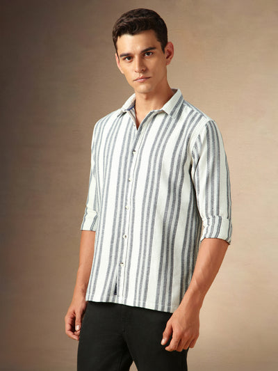 Men's White Striped Spread Collar Full Sleeves Casual Shirt