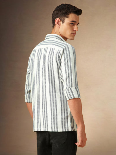 Men's White Striped Spread Collar Full Sleeves Casual Shirt