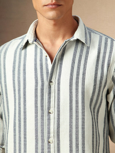 Men's White Striped Spread Collar Full Sleeves Casual Shirt