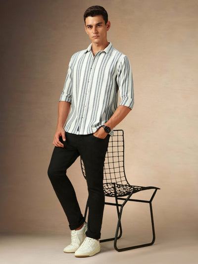 Men's White Striped Spread Collar Full Sleeves Casual Shirt