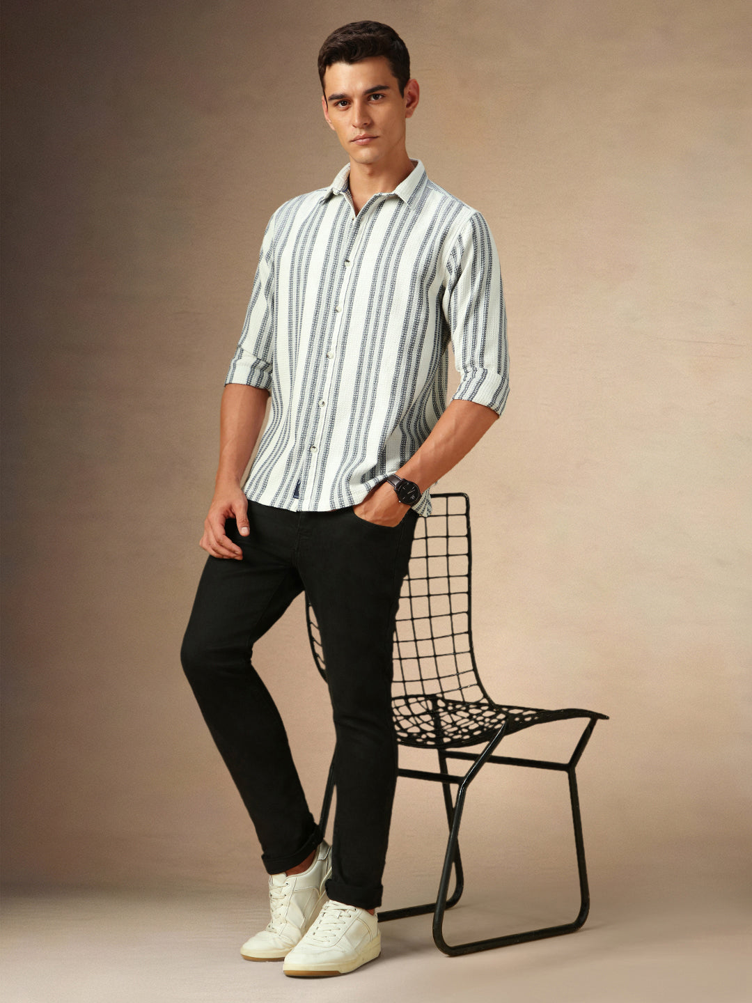 Men's White Striped Spread Collar Full Sleeves Casual Shirt