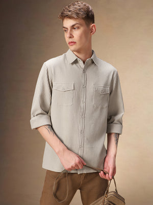 Men's Beige Solid Textured Spread Collar Full Sleeves Casual Shirt