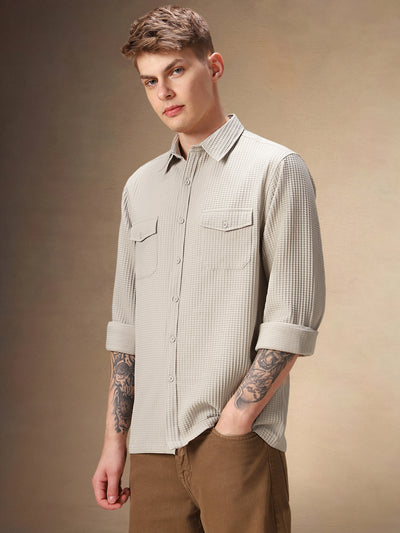 Men's Beige Solid Textured Spread Collar Full Sleeves Casual Shirt