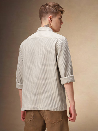 Men's Beige Solid Textured Spread Collar Full Sleeves Casual Shirt