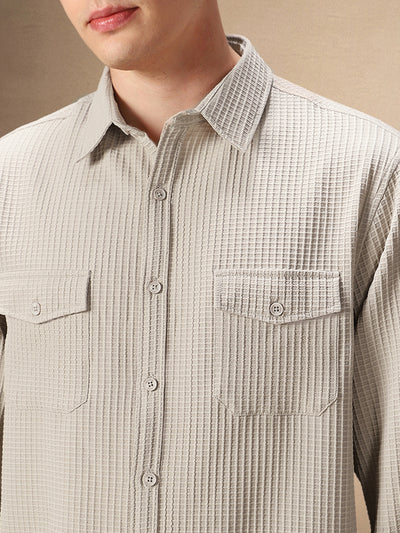 Men's Beige Solid Textured Spread Collar Full Sleeves Casual Shirt