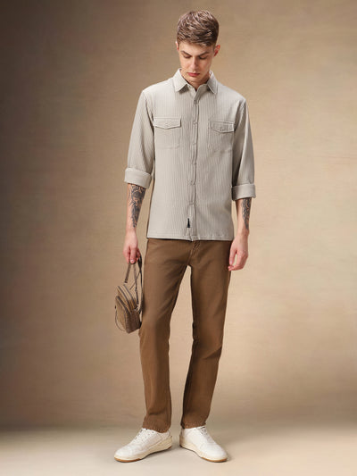 Men's Beige Solid Textured Spread Collar Full Sleeves Casual Shirt