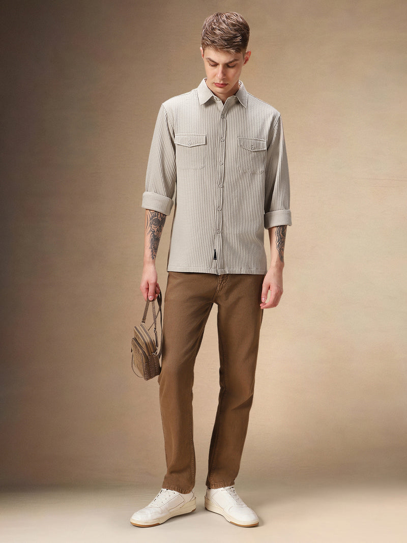 Men's Beige Solid Textured Spread Collar Full Sleeves Casual Shirt