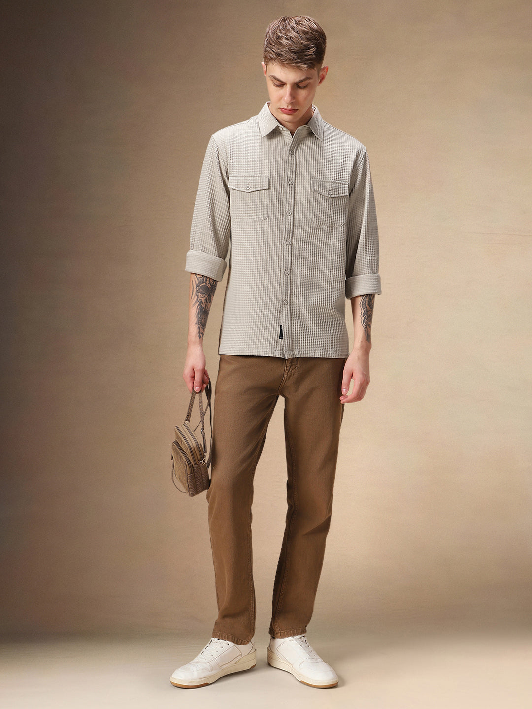 Men's Beige Solid Textured Spread Collar Full Sleeves Casual Shirt