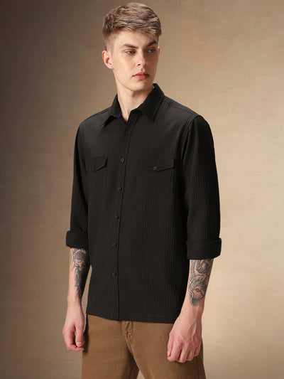 Men's Black Solid Textured Spread Collar Full Sleeves Casual Shirt