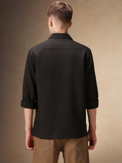 Men's Black Solid Textured Spread Collar Full Sleeves Casual Shirt