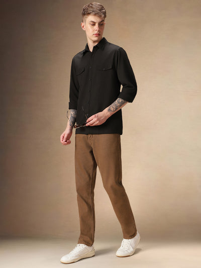 Men's Black Solid Textured Spread Collar Full Sleeves Casual Shirt