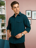Men's Blue Solid Textured Spread Collar Full Sleeves Casual Shirt