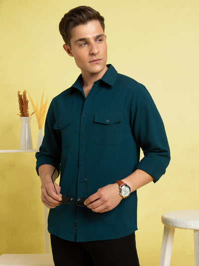 Men's Blue Solid Textured Spread Collar Full Sleeves Casual Shirt