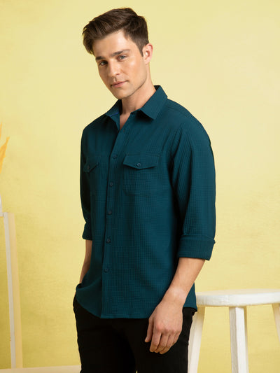 Men's Blue Solid Textured Spread Collar Full Sleeves Casual Shirt