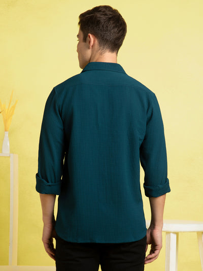 Men's Blue Solid Textured Spread Collar Full Sleeves Casual Shirt