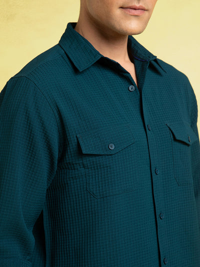 Men's Blue Solid Textured Spread Collar Full Sleeves Casual Shirt